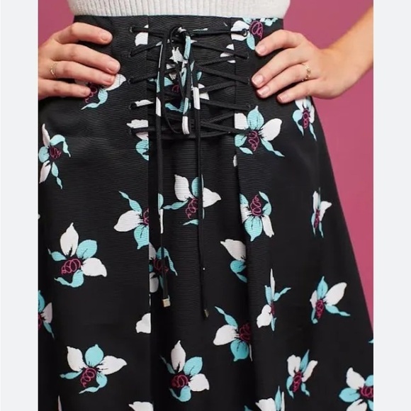 Anthropologie MAEVE Midi Zadie Floral Black Lace Up Skirt Sz 6 - Picture 1 of 14